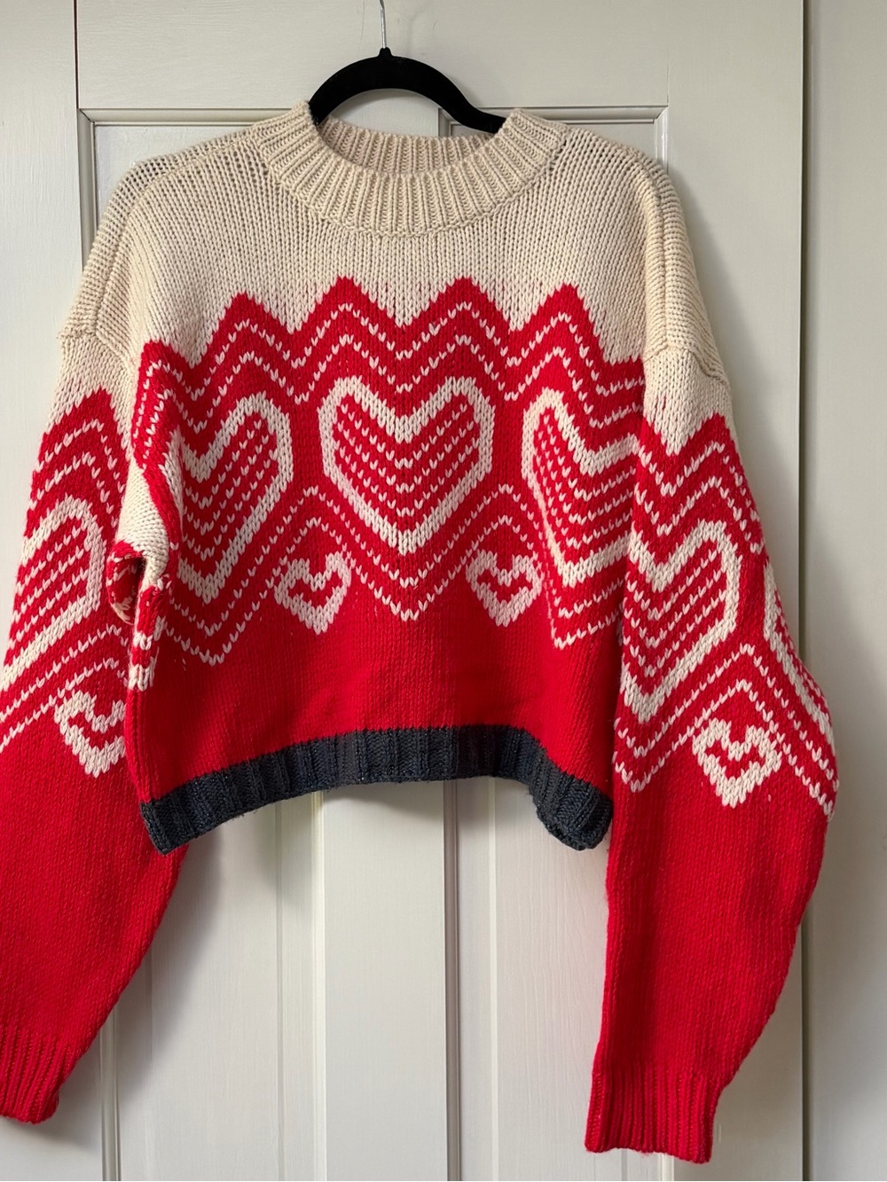 Free People Red and Cream Heart Pattern Crewneck Sweater